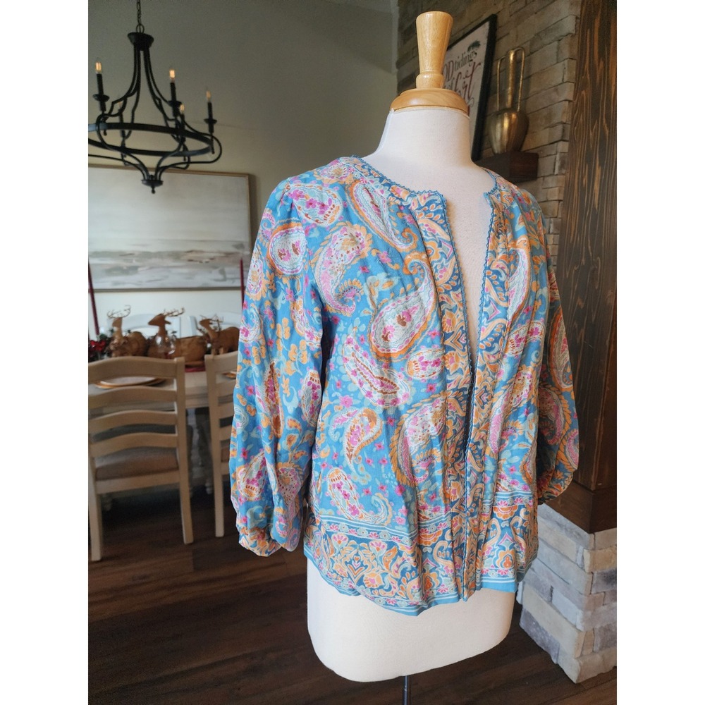 NWOT‎ Democracy Paisley Print Boho Open Front Long Sleeve Blouse Women's Size L